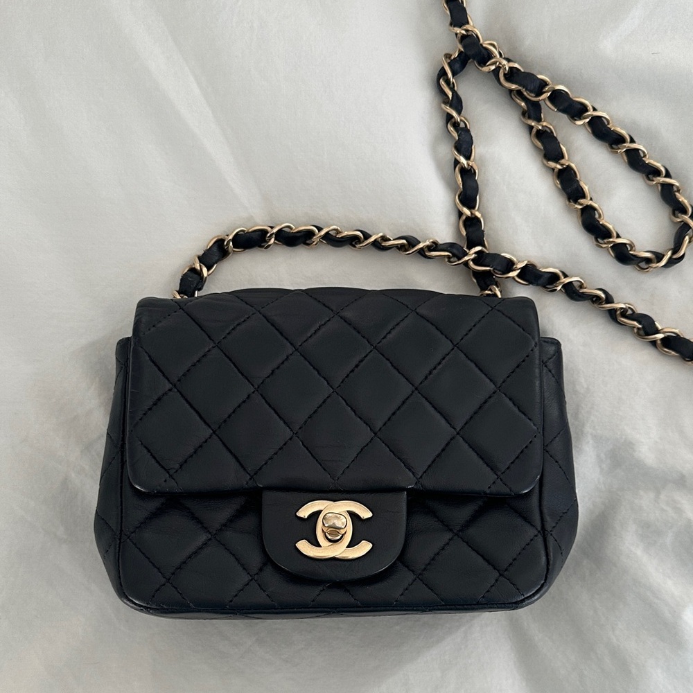 CHANEL Navy Quilted Crossbody Bag with Gold Accents Mini Flap